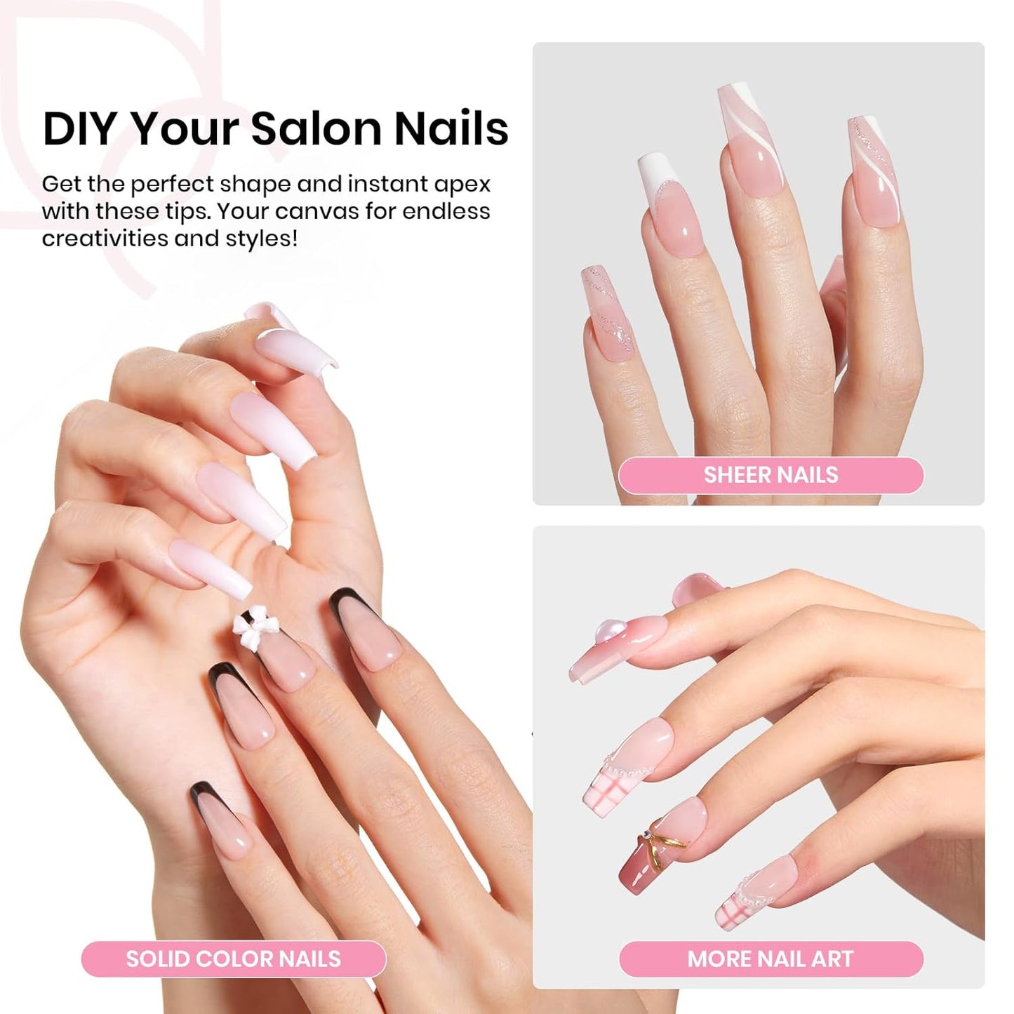 Beetles Tipex Gel Nail Kit with 224Pcs 16Sizes Medium Coffin Apex Nail Tips C Curved , Pre-building Acrylic Nails with Tipex Nail Glue，Mini Nail Lamp, Nail File for DIY Nails or Salon Use-Velvo Beauty