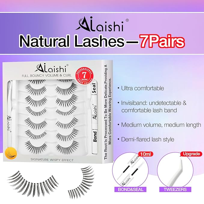 Wispy False Eyelashes Kit With Bond, Seal and Tweezer, 7 Pairs Natural Look Fake Cat Eye Lashes Strips Thin Band Extensions Waterproof Easy Eyelashes for Beginners DF99#-Velvo Beauty