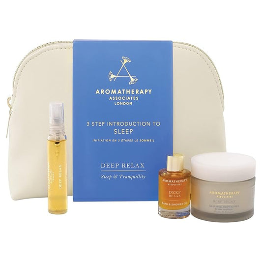 Aromatherapy Associates 3 Step Introduction to Sleep. Luxurious Gift Set Includes Deep Relax Bath and Shower Oil, Sleep Mist and Body Butter in a Vegan Leather Travel Bag (1 count)-Velvo Beauty
