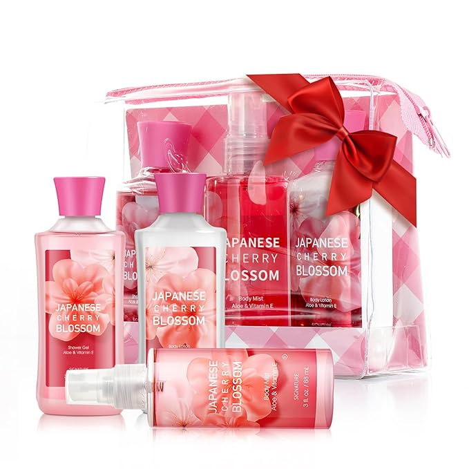 Bath Gift for Women and Girls, Japanese Cherry Blossom Spa Set With Natural Extracts, 3PCS Set - Shower Gel, Lotion, Mist, Personal Self Care Kit, Body Care Travel Set-Velvo Beauty