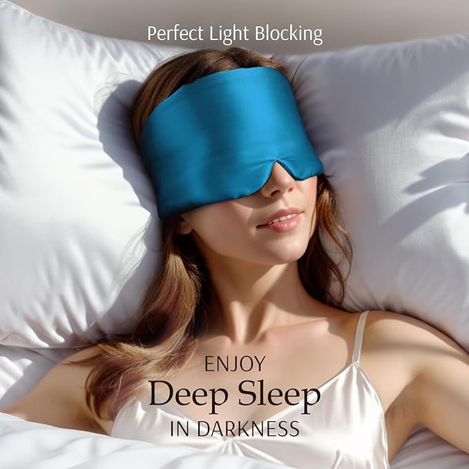 Zenssia 100% Mulberry Silk Sleep Mask Eye Mask for Man and Woman with Adjustable Headband, Full Size Large Sleep Mask & Blindfold for Total Blackout for All Night Sleep, Travel & Nap- Peacock Blue-Velvo Beauty