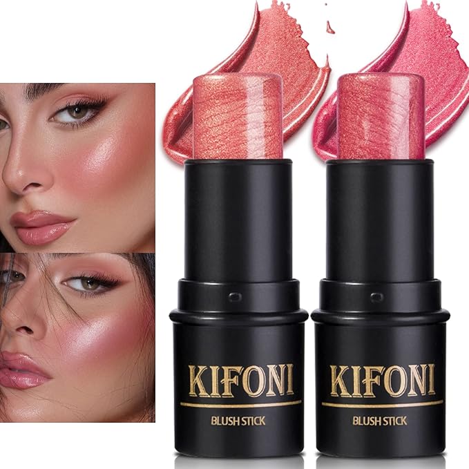 2 Pcs Cream Blush Stick Makeup Kit, Natural Shimmer & Matte Stick Blush Wand for Cheeks, Lightweight Blendable Silky Cream Blush Makeup -Shimmer Blush (#01 Shimmer Pink #04 Shimmer Fuchsia)-Velvo Beauty