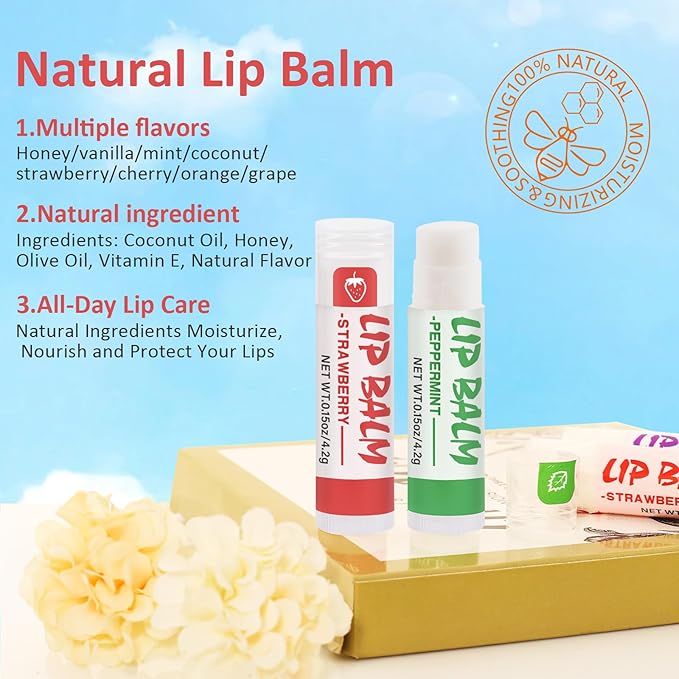 16 Pack Lip Balm, Natural Lip Balm Bulk with Vitamin E and Coconut Oil, Moisturizing Lip Balm for Dry Cracked Lips, Lip Balm for Stocking Stuffers - 8 Flavors-Velvo Beauty