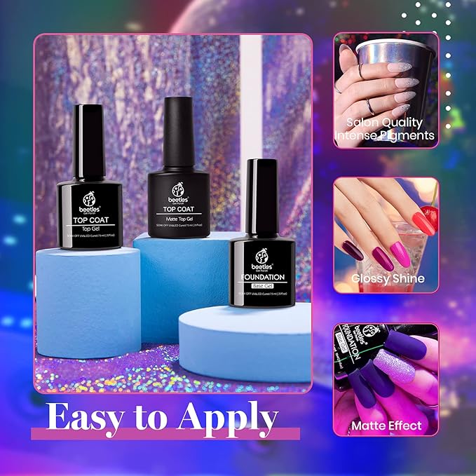 Beetles 20 Colors Gel Nail Polish Kit Midnight Euphoria Collection 23 Pcs Purple Blue Hot Pink Glitter Gel Polish Set Rainbow Soak off Uv Glossy & Matte Top Base Coat Gift for Women-Velvo Beauty