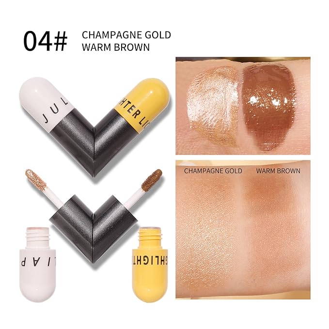 AKARY Liquid Highlighter Makeup for Face Body, Contour Foundation Illuminator Boom Stick, Two-color Highlight Shade Longwear Shimmer Glow Makeup, Valentine's Day gift (04 Champagne Gold + Warm Brown)-Velvo Beauty