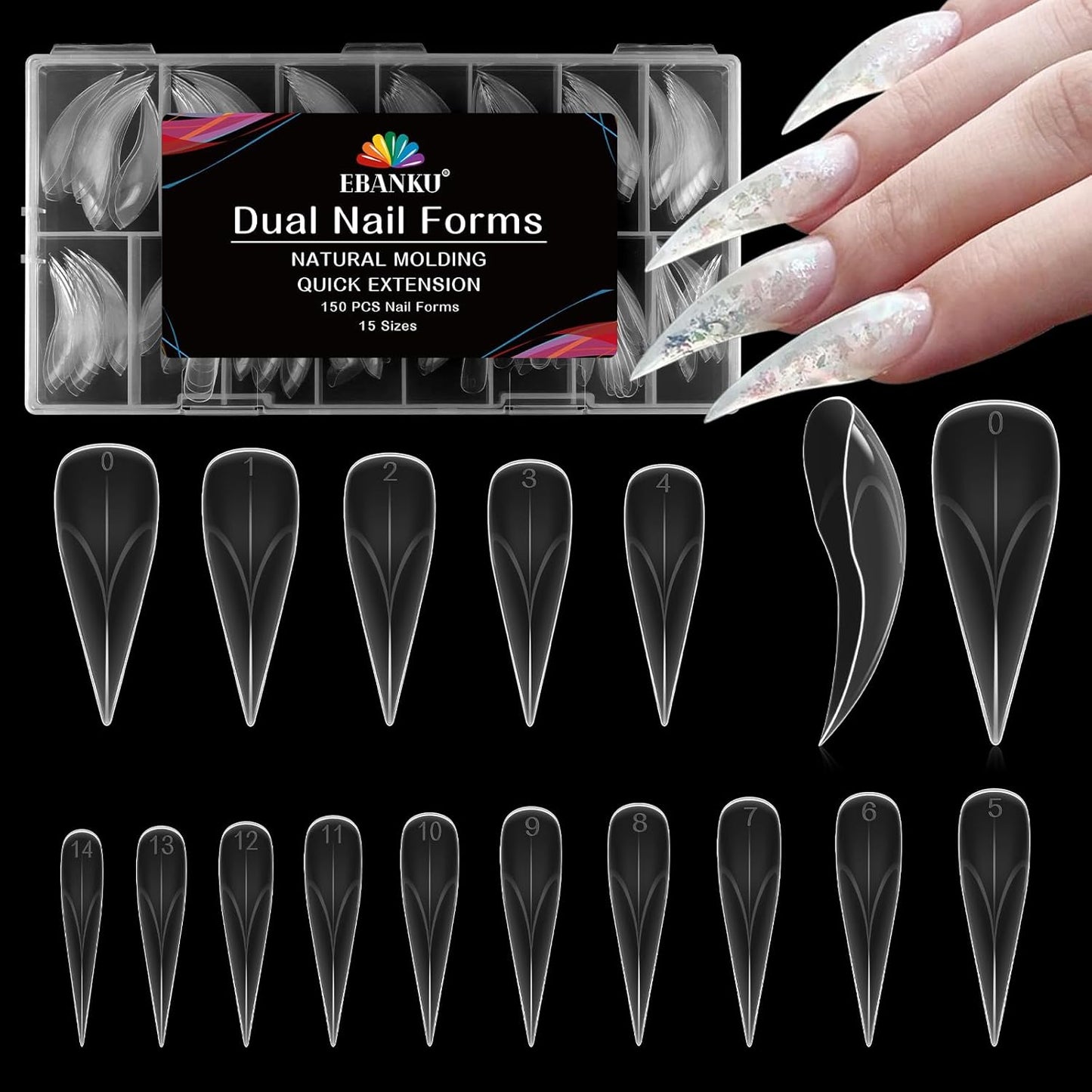 EBANKU Dual Nail Forms for Poly Extension Gel, 150 PCS Clear Eagle Claw Nail Molds Reusable 15 Sizes Hawk Curve Nail Extension Forms for Builder Gel Manicure Design Salon DIY-Velvo Beauty