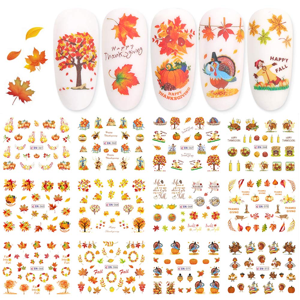 Fall Nail Stickers Autumn Maple Leaf Nail Art Decals Thanksgiving Day Water Decal Transfer Slider Set Turkey Pumpkin Nail Art Foil Stickers Nail Supplies Accessories Decoration Manicure Tips 12 Design-Velvo Beauty