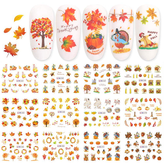 Fall Nail Stickers Autumn Maple Leaf Nail Art Decals Thanksgiving Day Water Decal Transfer Slider Set Turkey Pumpkin Nail Art Foil Stickers Nail Supplies Accessories Decoration Manicure Tips 12 Design-Velvo Beauty