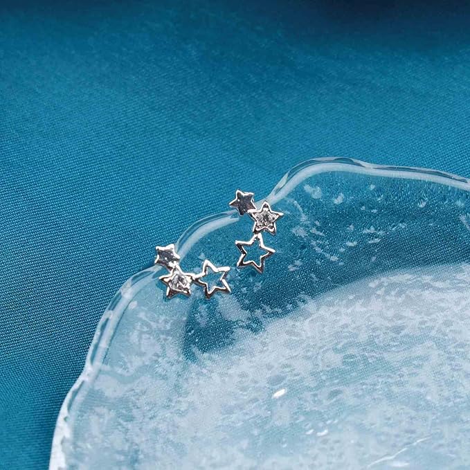 Bohemia Star Climber Crawler Earrings Silver Crystal Star Ear Climber Earrings Cluster Star Studs Earring Festival Earrings Jewelry for Women and Girls (Silver)-Velvo Beauty