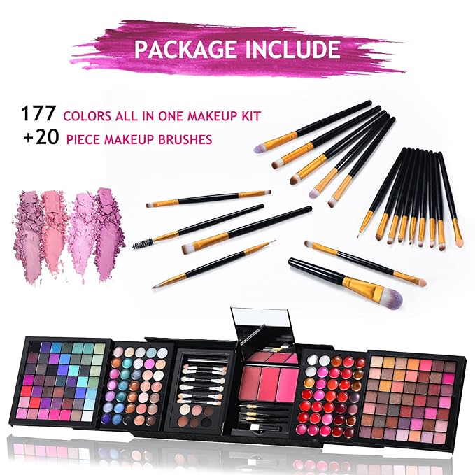 All in One Makeup Kit for Women Full Kit- 177 Color Combination Makeup Set Palette- 119 Eyeshadow,35 Lipstick,6 Powder,14 Concealer,10 Applicators,20 Brushes Set,Make Up Gift Kits for Women Teen Girl-Velvo Beauty