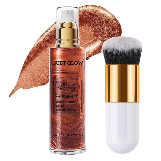 Shimmer Body Oil, Face and Body Liquid Luminizer Waterproof Moisturizing, Light Shimmer Glow Illuminator, Smooth Body Highlighter Makeup Liquid Body Shimmer (3# Bronze Gold)-Velvo Beauty