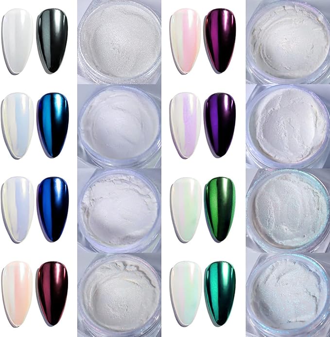 Laza White Pearl Chrome Nail Powder, 8 Colors Metallic Mirror Effect Pigment, Ice Transparent Aurora Nail Glitter Dust Kit for Gel Nail Art Decoration, Resin Craft, Gifts - Colorful White-Velvo Beauty