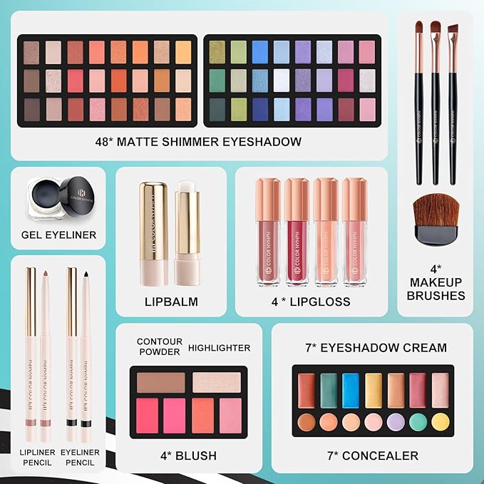 Color Nymph All In One Makeup Kit Comestics Gifts for Girls Teens, Travel Makeup Set 4 Trays Train Case for Beginner Includes Eyeshadow Highlighter Lipgloss Blush Concealer Brush Eyeliner Lipbalm-Velvo Beauty