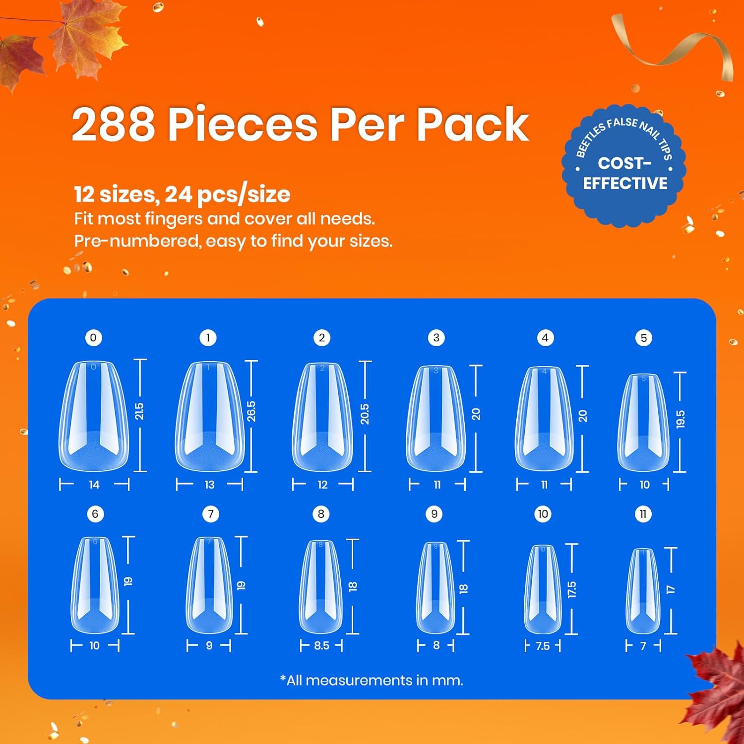 Beetles Gel Nail Tips Short Coffin Pre-Etched Nail Tips, 12 Sizes 288 Pcs Full Cover Soft Tips Half Matte False Nails Clear Acrylic Glue on Nails Extension DIY Manicure Gifts for Women-Velvo Beauty