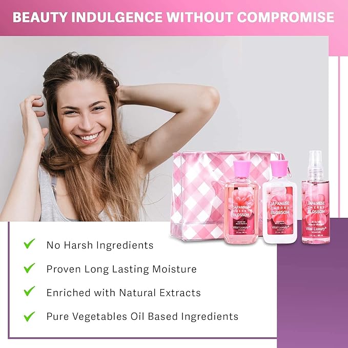 Bath & Body Kit Japanese Cherry Blossom, 3 Fl Oz, Ideal Skincare Gift, Home Spa Set, Includes Body Lotion, Shower Gel and Fragrance Mist, Perfect for Christmas Gifts and Festive Pampering-Velvo Beauty