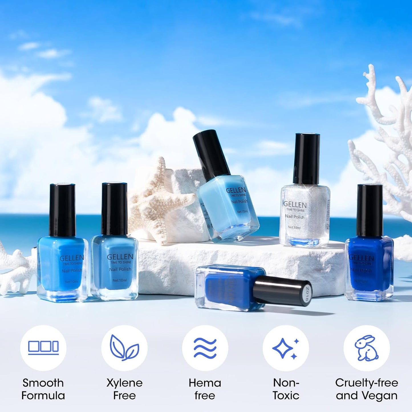 Gellen Blue Jelly Nail Polish, Sheer Nail Polish Quick Dry Summer 6 Colors Blue Glitter Set, Natural Traditional Regular Nails Polish for Acrylic Natural Nails Home Salon, No Gel, Hema Free, Non-toxic-Velvo Beauty