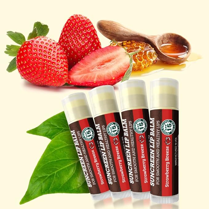 SPF Lip Balm 4-Pack by Earth's Daughter - Lip Sunscreen, SPF 15, Organic Ingredients, Strawberry Flavor, Beeswax, Coconut Oil, Vitamin E - Hypoallergenic, Paraben Free, Gluten Free-Velvo Beauty