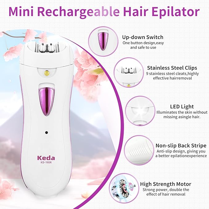 Smooth Glide Epilators Hair Removal for Women, Rechargeable Epilator, Portable Glamorous Skin Epilator for Women Face with LED Light, Hair Removal Device for Armpits/Bikini Line/Chin/Arms/Legs-Velvo Beauty