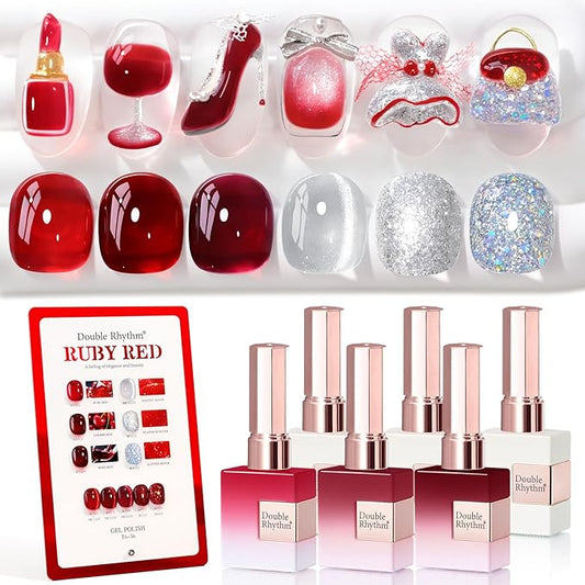 Double Rhythm 6 Pcs 15 ML Gel Polish Set Same Color Same Bottle Soak Off Gel Polish Kit Nail Art Manicure Salon DIY at Home for Women (Jelly Burgundy Red Glitter Silver -T6-56)-Velvo Beauty