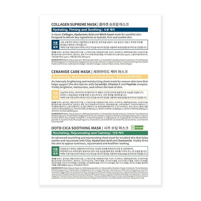 Hydrating Soothing Sheet Masks Gift Set for Skincare, Korean Vegan Sheet Mask for Dry, Sensitive Skin, Calming, Smoothing, Brightening, Collagen, Ceramide, Cica, Hyaluronic Acid 30EA-Velvo Beauty