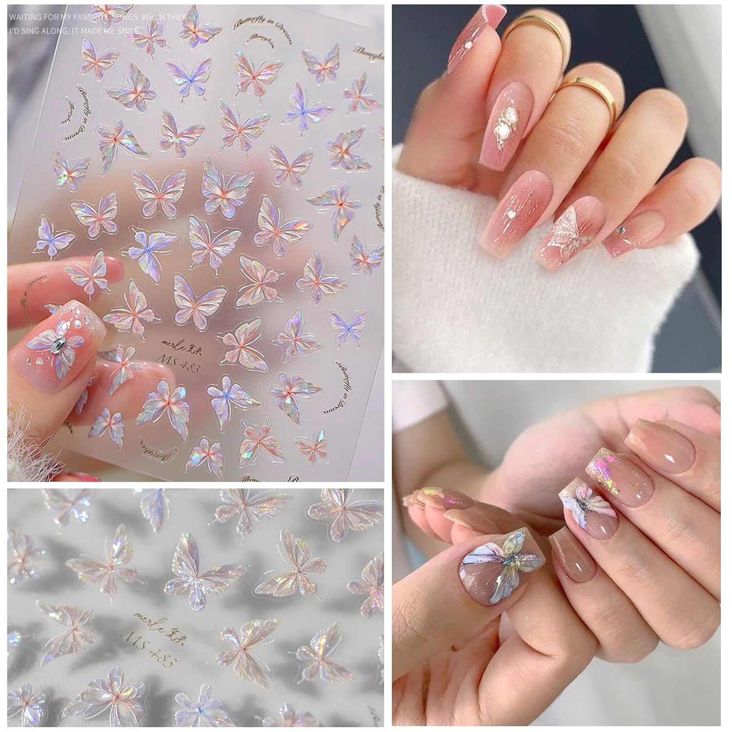 6 Sheets Butterfly Nail Art Stickers Decals 5D Embossed Nail Decals Spring Blue Pink Butterfly Nails Design Self-Adhesive Accessories 3D Nails Stickers for Women-Velvo Beauty