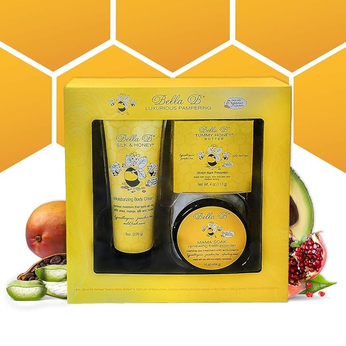 BELLA B 3-Piece Gift Set - Pregnancy Gifts For First Time Moms - Pregnant Mom Gifts - Mom To Be Gifts - Pregnancy Gift Basket - Sitz Bath Soak - Honey Tummy Butter - Silk And Honey Moisturizing Cream-Velvo Beauty
