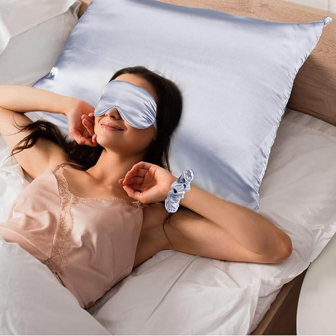 2 Pack Satin Pillowcase with Latent Zipper, Adjustable Satin Eye Mask for Sleeping and Satin Volume Scrunchie for Hair and Skin, Standard Size (Silver,Classic Style)-Velvo Beauty
