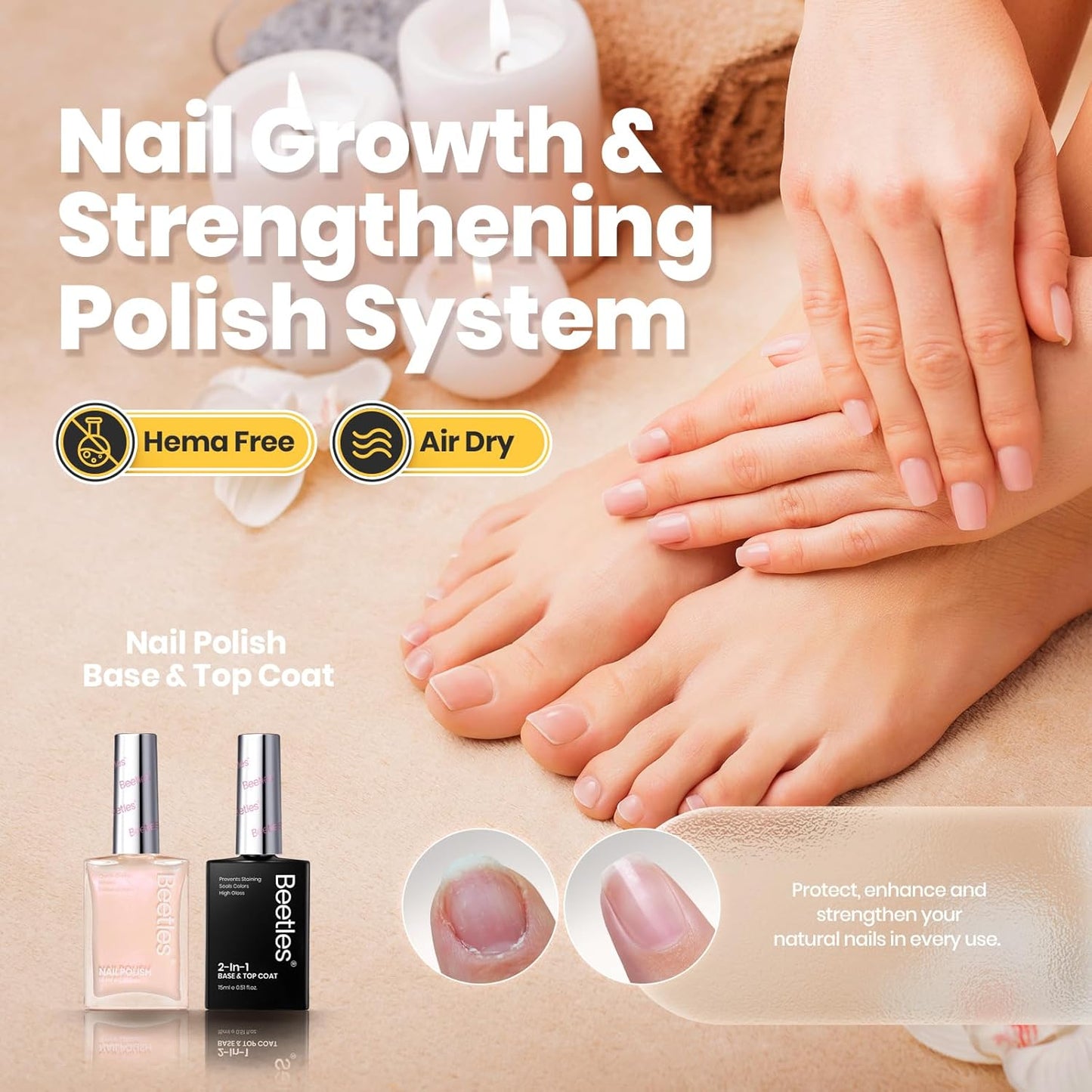 Beetles Nail Polish Top Coat and Base Coat Set Pearl Pink Fast Drying & Long Lasting Shine Nail Polish 2 IN 1 Protects Nails Enhances Glossy and Nourishes Nails for Women-Velvo Beauty