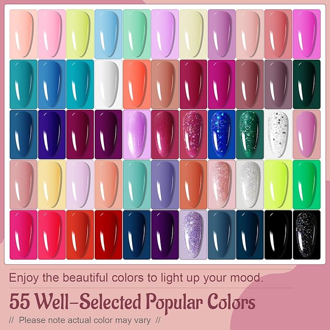 JODSONE Gel Nail Polish Kit 60 PCS with U V Light Soak off Base Top Coat 55 Shine Colors Gel Nail Kit Bright and Dark Brown Wine Red Series Manicure Set for Women and Girls-Velvo Beauty