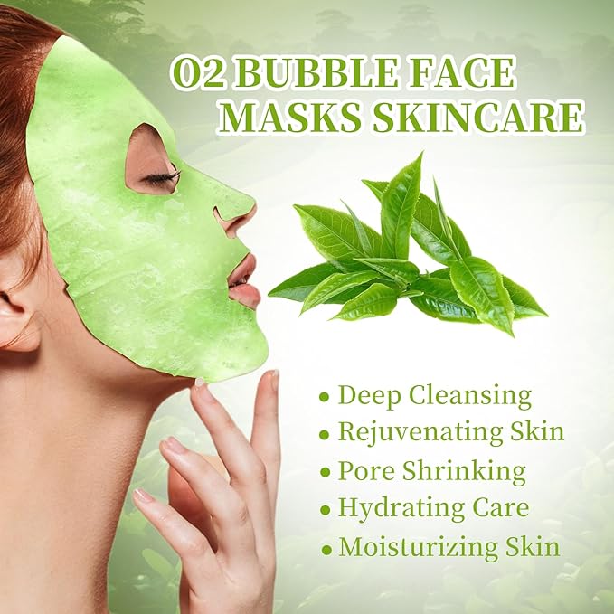 10 Sheets Face Masks Skincare O2 Bubble Green Tea Face Mask, Cleaner Bubble Sheet Masks Foaming Purifying Facial Mask for Pores, Moisturizing Spa Face Masks Skin Care For All Skin Type-Velvo Beauty
