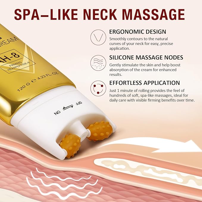 AH-8 Firming Neck Cream with Roller - Anti-Aging Moisturizer for Neck & Chest - Lifts, Tightens, Deeply Hydrates, Reduces Fine Lines & Wrinkles - For Crepey, Sagging Skin - 4.23 fl.oz-Velvo Beauty