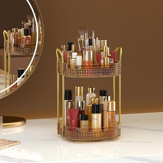 Awenia Rotating Makeup Organizer 360, Stackable Adjustable Large Capacity Cosmetic Storage Unit,Dresser Bathroom Kitchen Countertop Organizer with Metal Handle, Plus Size (Honorable Gold, 2 Tier)-Velvo Beauty