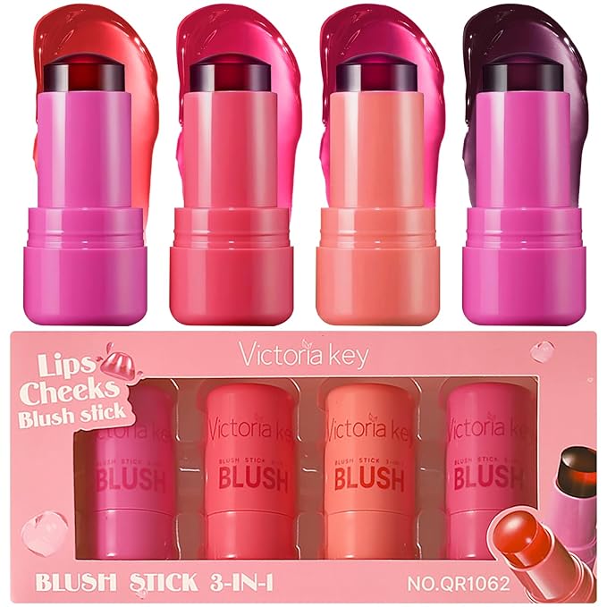 4 Pcs Jelly Blush Stick,Sheer Lip & Cheek Stain Makeup Cooling Water Jelly Tint, Multiple Use Long Lasting Jelly Texture Non-Stick Blush for Cheeks, Pigmented Waterproof Makeup Blush-Velvo Beauty