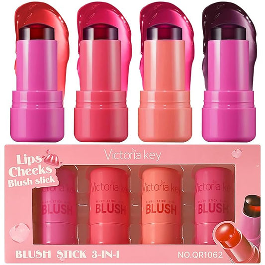 4 Pcs Jelly Blush Stick,Sheer Lip & Cheek Stain Makeup Cooling Water Jelly Tint, Multiple Use Long Lasting Jelly Texture Non-Stick Blush for Cheeks, Pigmented Waterproof Makeup Blush-Velvo Beauty
