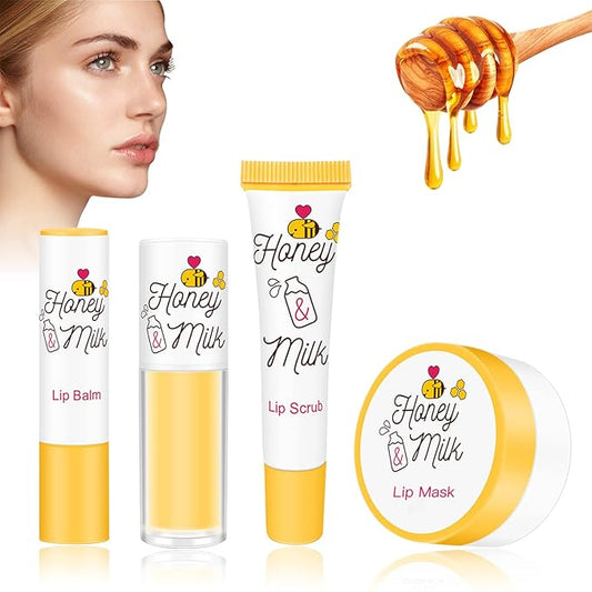 4 Piece Honey Milk Lip Mask Lip Balm Lip Scrub Lip Oil Lip Care Kit, Moisturizing & Nourishing Dry and Cracked Lips, Overnight Sleeping Lip Exfoliator Lip Moisturizer Lip Repair-Velvo Beauty