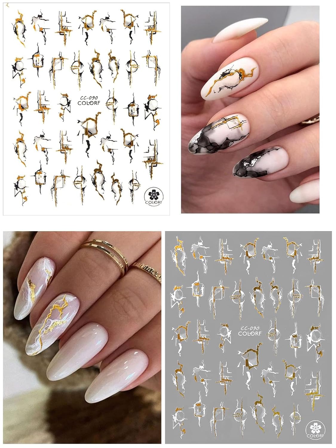 12 Sheets Nail Art Stickers Decals,TOROKOM Self-Adhesive White Black Gold Stripe Line Nail Decals Marble Wave Nail Sticker Supplies for 3D Nail Design Nail Accessories for Women French Nail Decoration-Velvo Beauty