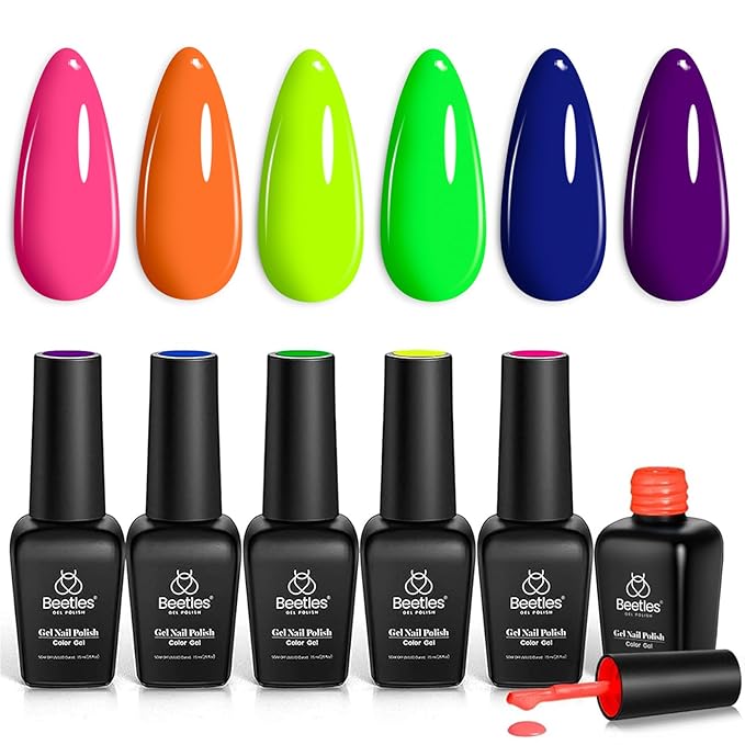 Beetles Halloween Gel Nail Polish Set - Dopamine Pleasure 6 Colors Gel Polish, Neon Orange Hot Pink Blue Yellow Green Purple Soak Off Uv Led Nail Art Manicure Gift for Women-Velvo Beauty