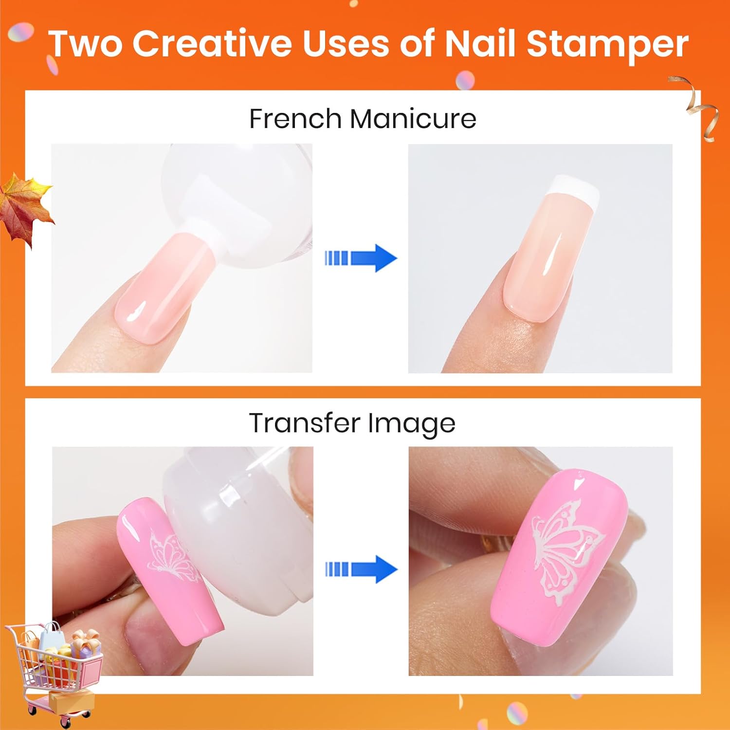 Beetles Nail Stamp, 4Pcs French Tip Tool Easy Manicure Nail Stamper Single Head Soft Silicone Long & Short French Tip Stamp Tool with 2Pcs Nail Scraper Decorations Gift for Women-Velvo Beauty