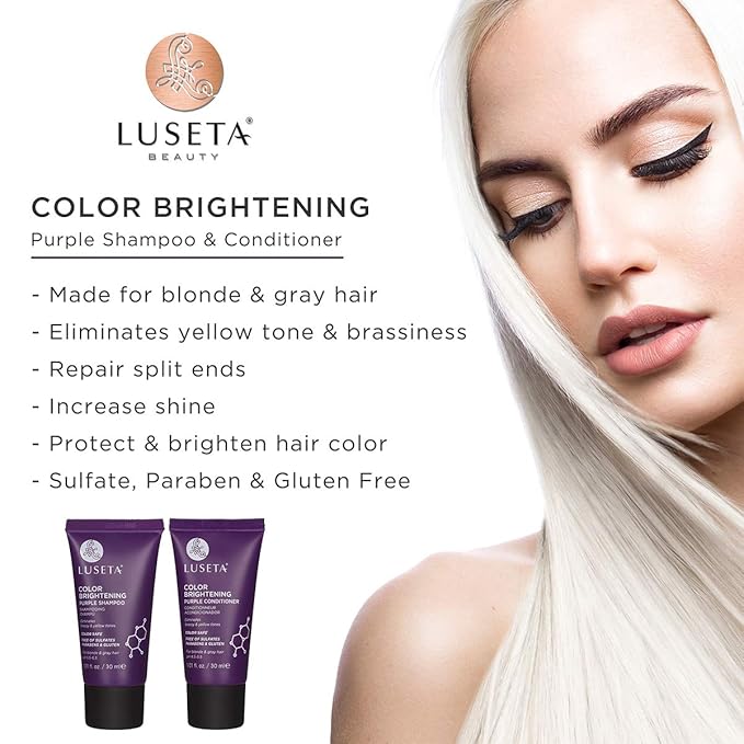 Luseta Color Brightening Purple Shampoo and Conditioner Travel Kit for Blonde and Gray Hair -Infused with Cocos Nucifera Oil to Help Nourish, Moisturize and Condition Hair, 2x1.01oz-Velvo Beauty