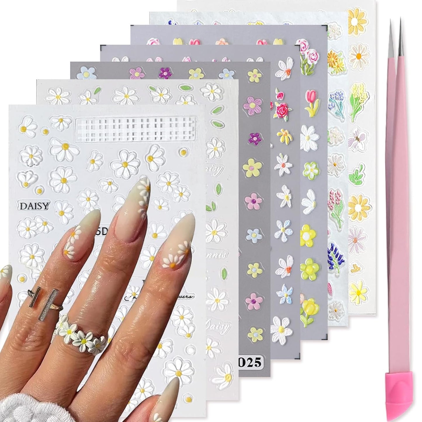Flower Nail Art Stickers 7 Sheets 5D Nail Decals Spring Summer Nails Art Design 3D Self-Adhesive Supplies White Yellowe Daisy Flower Nails Decoration for Women DIY Design-Velvo Beauty