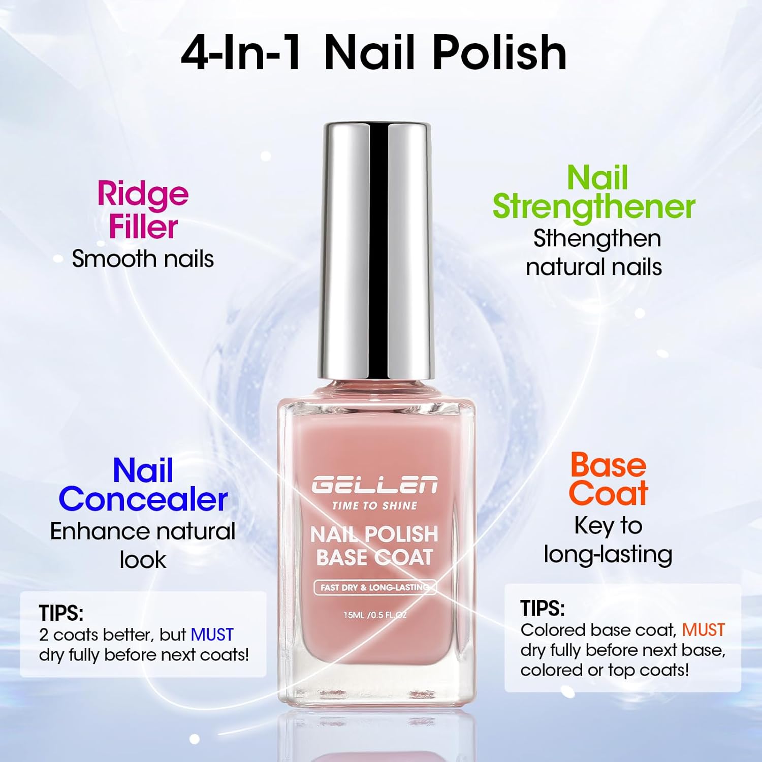 GELLEN 4‑in‑1 Clear Nail Polish Base Coat Sheer Tinted Natural Pink, Ridge Filler, Nail Strengthener & Concealer, Calcium Formula Strengthens Nails, Enhances Natural Look, No HEMA, Anti-yellowing-Velvo Beauty