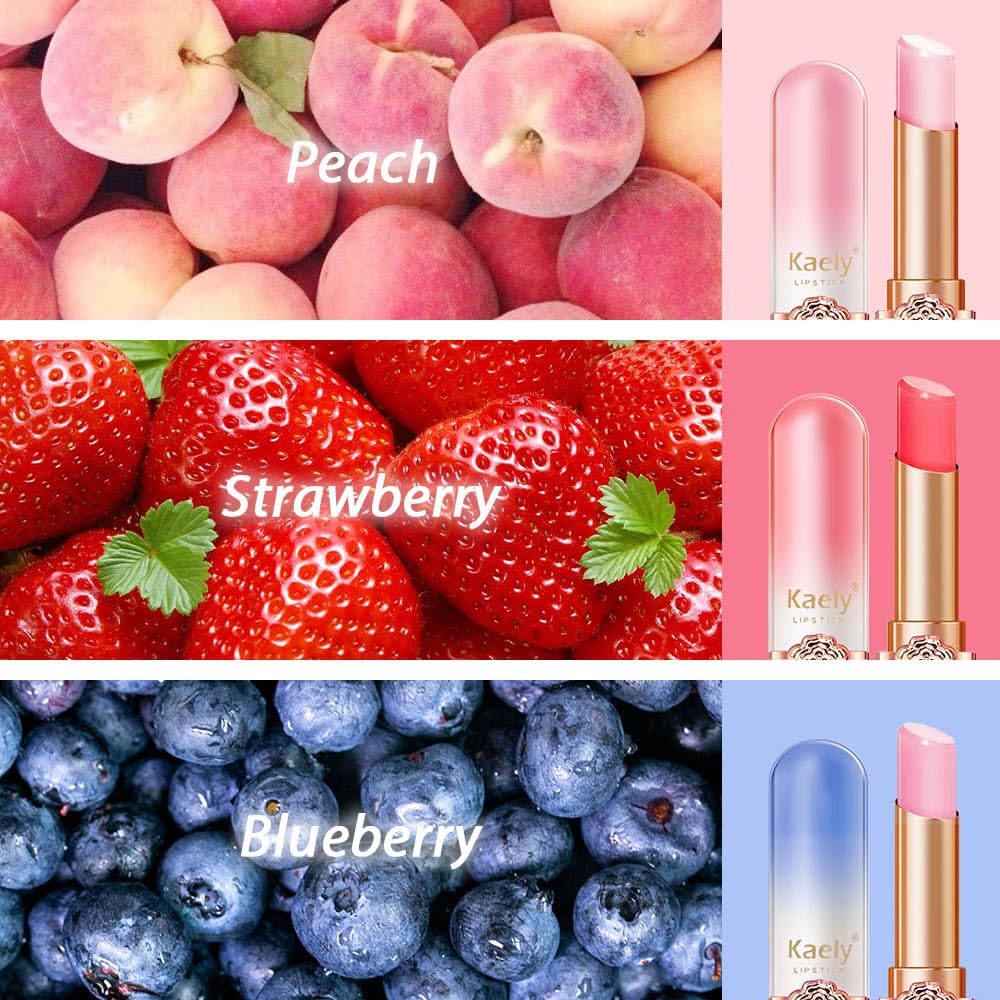Kaely 3Pcs Peach Strawberry Blueberry Hydrating Lipstick Tinted Lip Balm, Color Changing PH Lipstick Makeup, Korean Magic Lip Stain Long Lasting Waterproof, labiales magicos 24 horas originales-Velvo Beauty