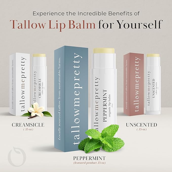 Peppermint Lip Balm, Ultra-Soothing, Deeply Hydrating Tallow Lip Balm with Grass Fed Beef Tallow, Beeswax, Jojoba Oil & More, Non Toxic Lip Care, Made in the USA, 0.15 Oz.-Velvo Beauty