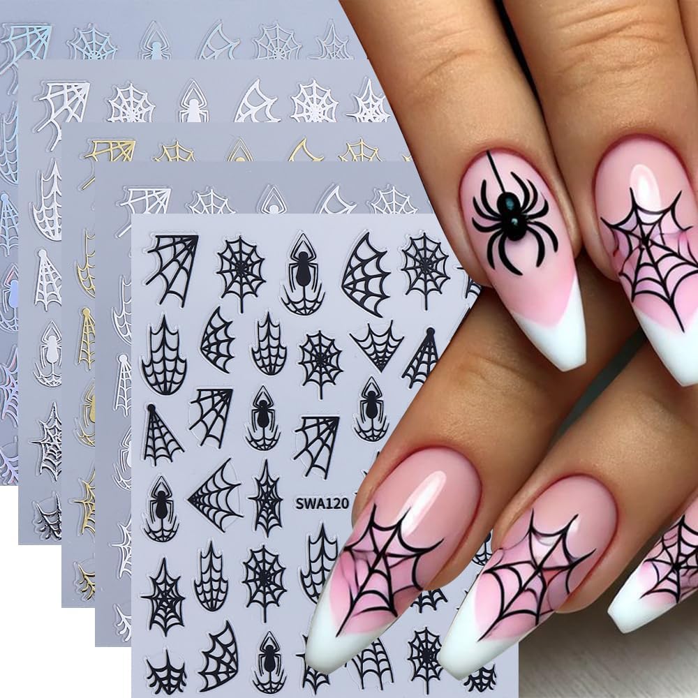 5 Sheets Halloween Spider Web Nail Stickers for Nail Art 3D Self-Adhesive Spider Web Nail Art Stickers White Black Silver Laser Gold Spider Nail Decals Holiday Nail Design Supplies for Women-Velvo Beauty