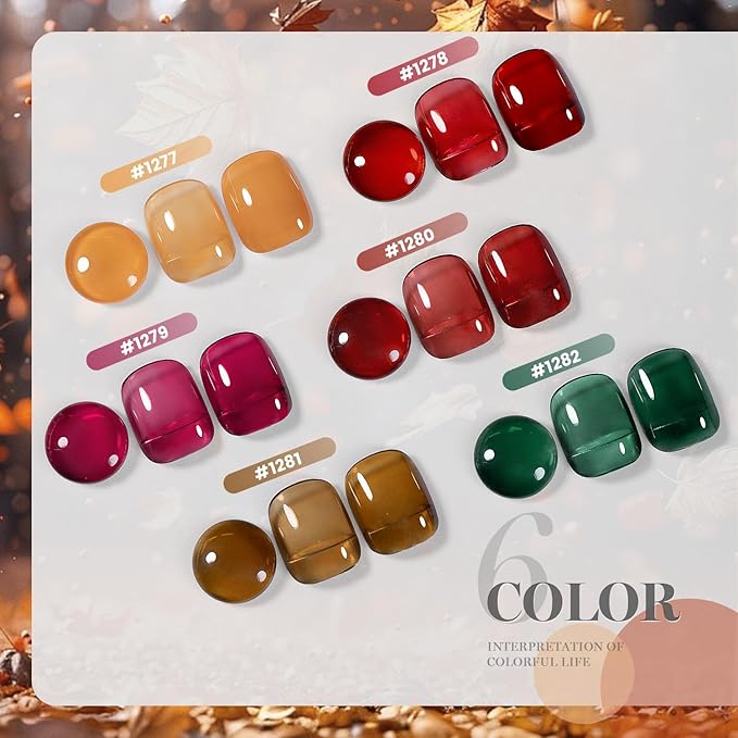 RARJSM Jelly Stained Glass Gel Nail Polish Set 6pcs Clear Amber Yellow Cherry Red Orange Olive Green Crystal Transparent Series Sheer Gel Varnish Curing Requires Soak off Home Salon French Manicure-Velvo Beauty