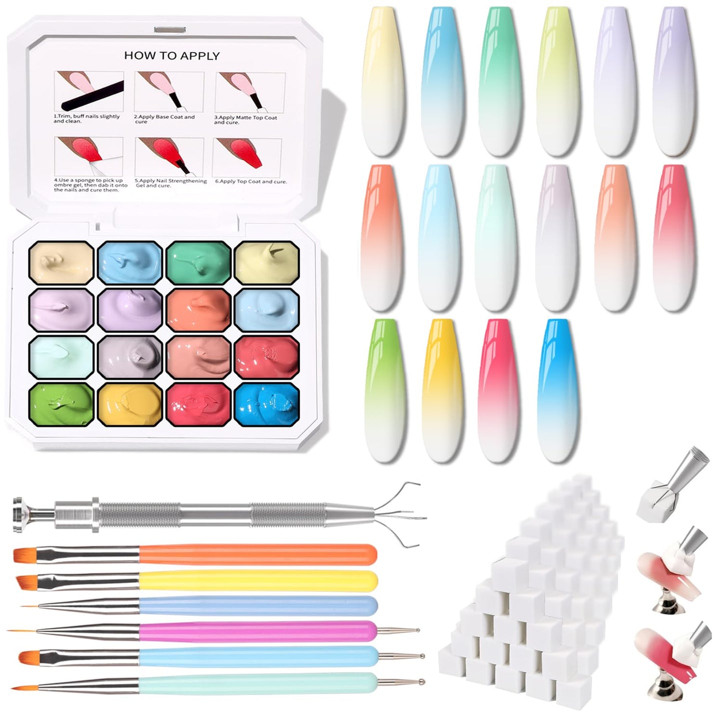 Sponge Pat Paint Nail Gel, Ombre Nails Gradient Gel Nail Blush Blooming Aura Nails Drawing Stripper Floral Painting DIY Nail Art, No Wipe, UV/LED Curing (16 Colors N)-Velvo Beauty
