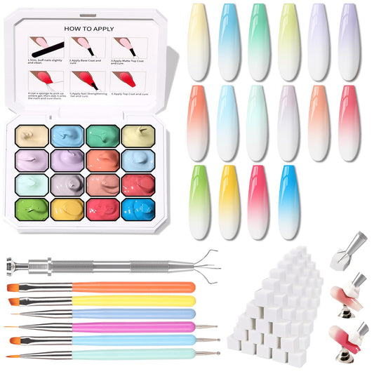 Sponge Pat Paint Nail Gel, Ombre Nails Gradient Gel Nail Blush Blooming Aura Nails Drawing Stripper Floral Painting DIY Nail Art, No Wipe, UV/LED Curing (16 Colors N)-Velvo Beauty