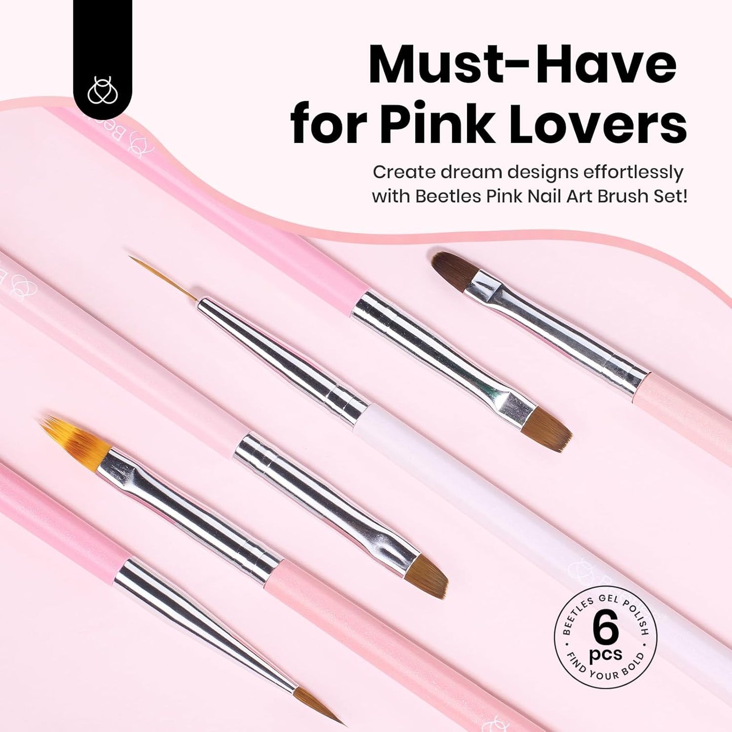 Beetles Nail Art Brushes, 6 Pcs Fingernail Art Design Pens, Pink Handle French Tip Ombre Clean Up Nail Brush Set for Gel Polish with Palette DIY Manicure Tools Gift for Women-Velvo Beauty