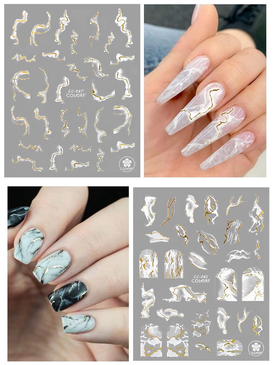 12 Sheets Nail Art Stickers Decals,TOROKOM Self-Adhesive White Black Gold Stripe Line Nail Decals Marble Wave Nail Sticker Supplies for 3D Nail Design Nail Accessories for Women French Nail Decoration-Velvo Beauty