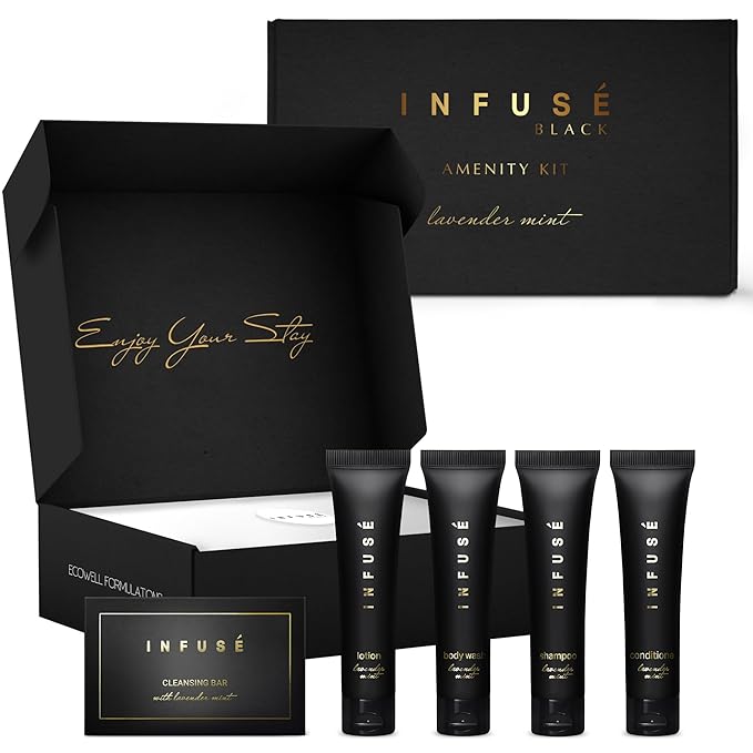 Infuse Black Amenity Kit | Boxed Hotel Toiletries | Bulk Set 1 oz Travel Size Shampoo, Conditioner, Lotion, Body Wash & Cleansing Bar for Guest Hospitality AirBnB/Vacation Rentals | 1 set per case-Velvo Beauty